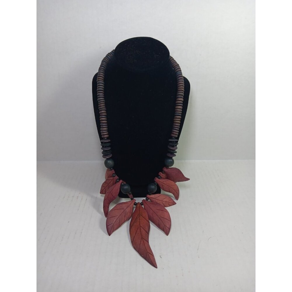 Vintage 1980s Chunky Wooden Necklace With Red Hand Carved Wood Leaves Boho
